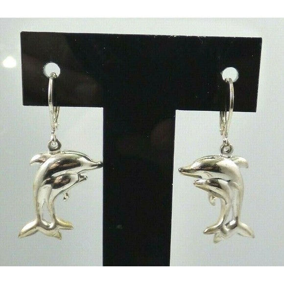 Dolphin Pendant Brooch Jewelry Set Pierced Earrings Silver Tone Vintage Shiny! - Picture 8 of 12